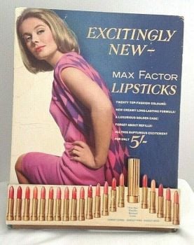 Vintage shop advertising stand for Max Factor makeup lipstick