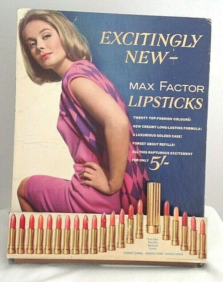 A Vintage shop advertising stand for Max Factor lipstick makeup