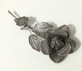 Vintage sterling silver filigree brooch rose flower spray brooch pin 