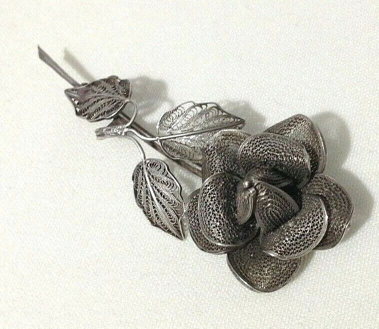Vintage Filigree Silver Rose Brooch Pin