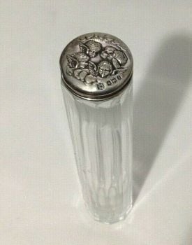 Antique sterling silver glass hair pin tidy jar cherub cherubs hall marked 1910