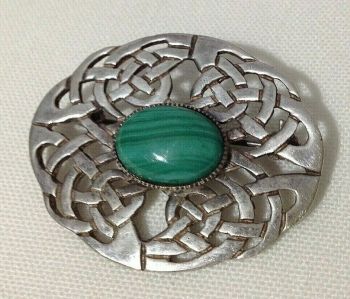 Antique style vintage Celtic brooch pin hallmarked sterling silver Malachite