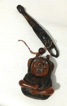 Antique carved Inro wood man bead holder with top Japanese