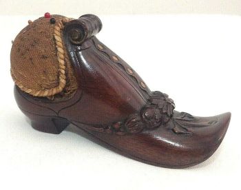 Antique carved wood Black Forest shoe pin cushion ribbons & floral swags