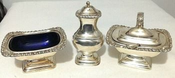 Antique silver plated mustard salt & pepper pot blue glass liners