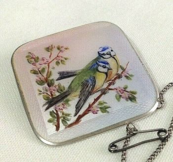 A Vintage enamelled sterling silver brooch pin blue great tit bird s hallmarked 