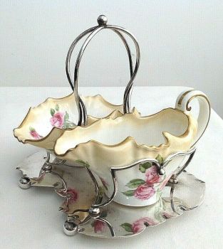 Antique Silver plate stand roses china sugar & cream strawberry set bowl & jug