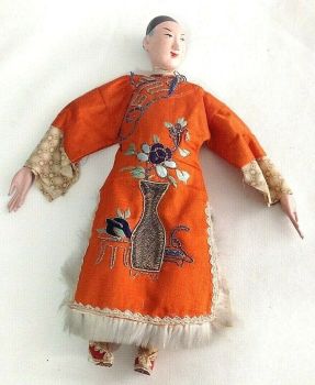 Antique carved wood painted Chinese opera doll figure embroidered robe shoes