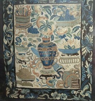 Antique Chinese embroidered panel forbidden stitch gold thread framed 