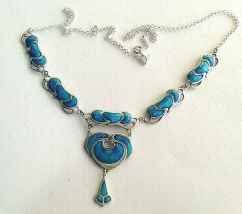 Antique style enamel sterling silver necklace pendant Art Nouveau