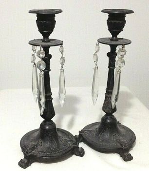 Antique candlestick pair French L S F crystal drops candlesticks
