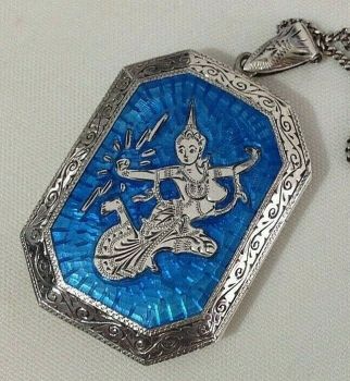 Large Antique enamelled sterling silver Siam locket with silver chain