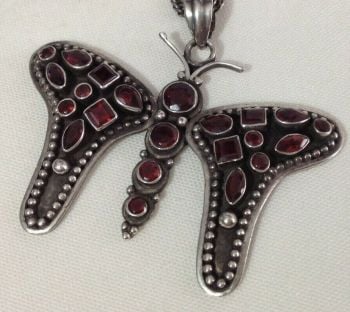 Vintage Sterling silver butterfly pendant Garnet hallmarks London 1962