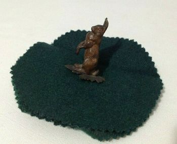 Antique novelty cold painted bronze miniature hare needle case pin cushion