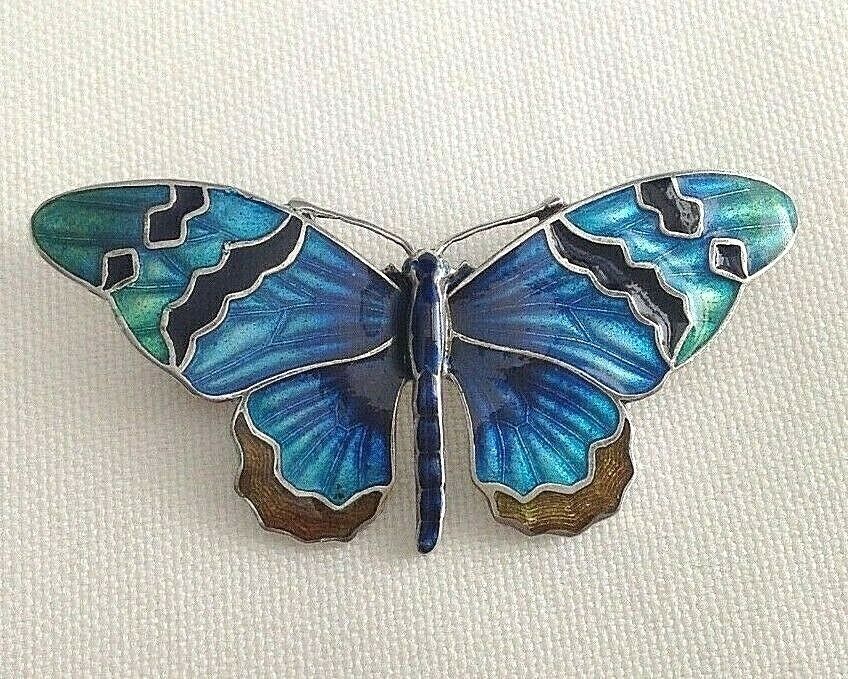 Antique style enamelled sterling silver butterfly brooch pin handmade artis