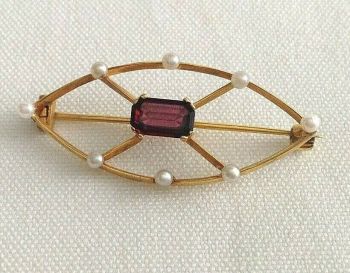 Antique Garnet pearl Edwardian 15ct gold Marquise brooch pin