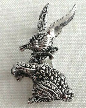 Vintage Sterling silver Marcasite bunny rabbit or Hare brooch pin