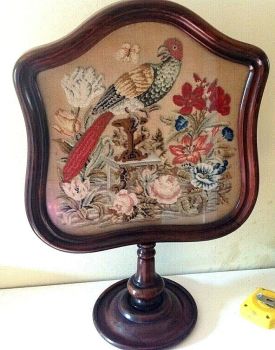 Antique Victorian needlepoint embroidered parrot face screen