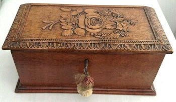 Antique carved wood rose roses love letter trinket box with key