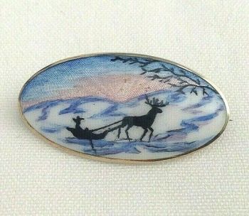 Antique enamelled Sterling silver Norway northern lights brooch pin K H signed 