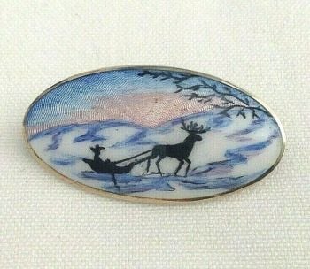 Antique enamelled Sterling silver Norway northern lights brooch pin K H signed 