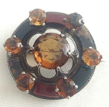 Antique Sterling silver Scottish Agate & Citrine brooch pin