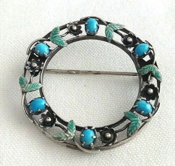 Antique Sterling Sterling silver enamelled Arts & Crafts Turquoise brooch 