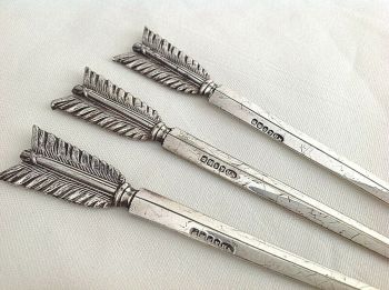 3 Antique silver plate arrow skewers makers mark WH & S William Hutton & Sons