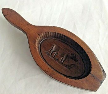 Antique Victorian carved wood wooden butter pat mould dairy cow intaglio