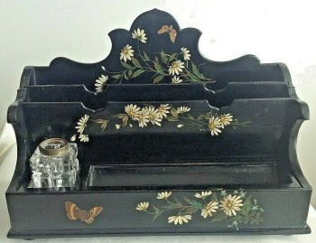 Antique tidy inkwell letter rackl lacquered desk  butterfly daisy decor