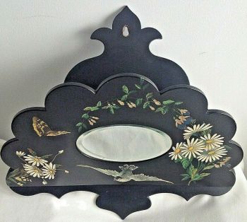 Antique wooden lacquered fan shaped mirror letter rack butterfly daisy decor