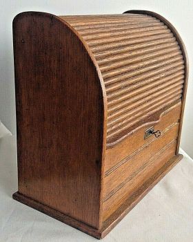 Antique wooden roll top small oak stationery box with key