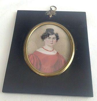 Antique portrait miniature English school young woman coral beads ringlets