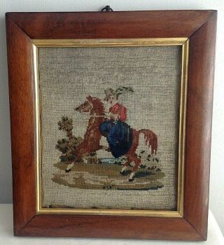 Antique 19th century Victorian needlepoint lady on prancing pony wooden frame