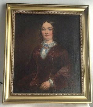 Antique 19th century English school oil painting woman ringlets Victorian
