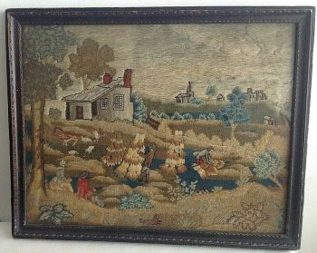 Antique 18th century needlework picture rural scene people farmstead