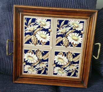 Antique Art Nouveau Minton tiles daisy pattern in wood tray