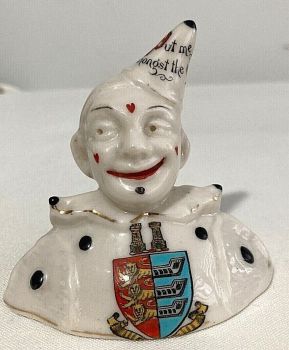 Antique WW1 crested china clown figure "Put me amongst the girls" Deal crest 