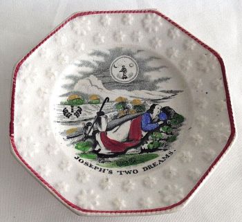 Antique ceramic nursery transferware toddy plate Joseph's dreams