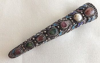 Antique Chinese finger guard enamel sterling silver brooch pin pearls amethyst