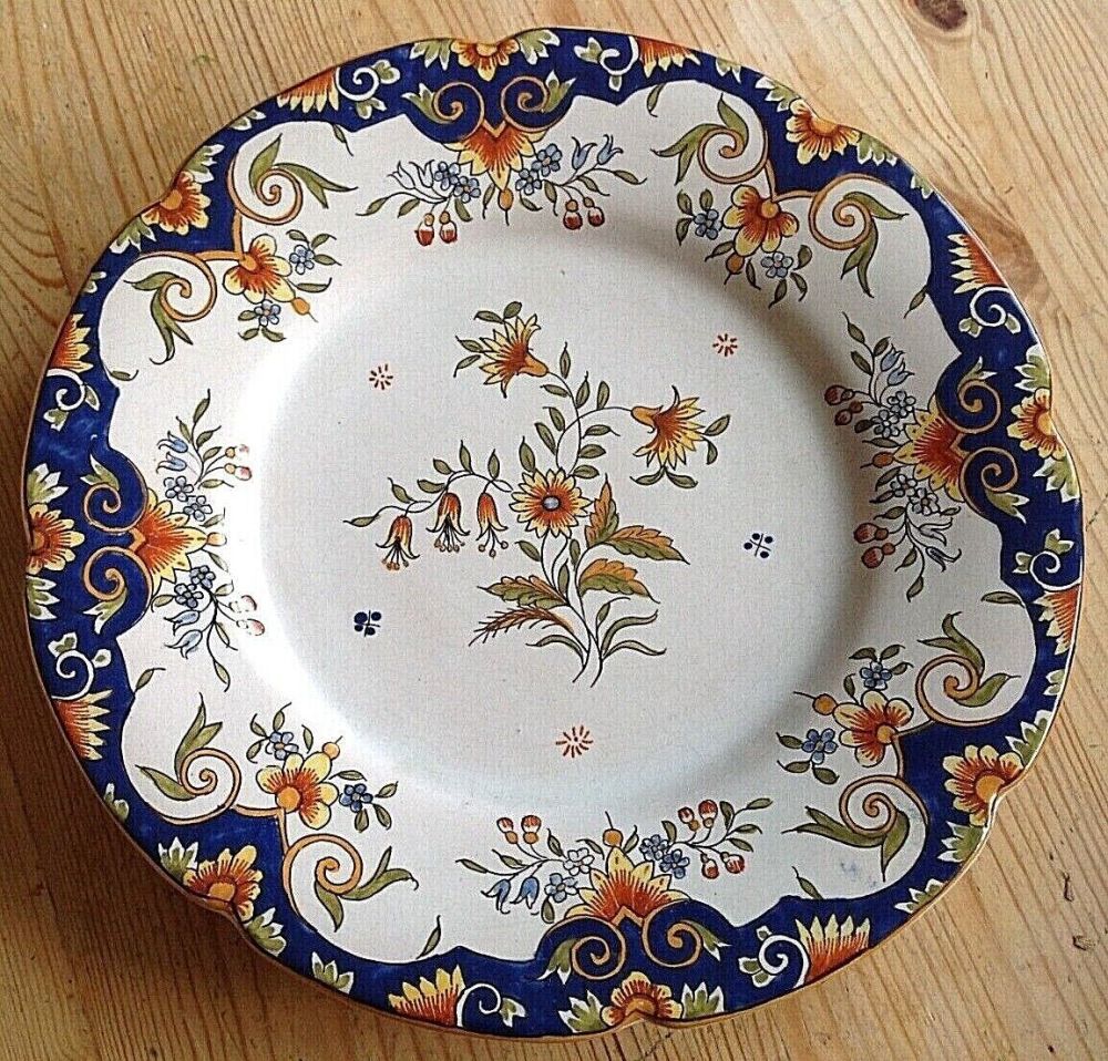 Antique painted French plate Desvres polychrome flowers baskets 19th centur