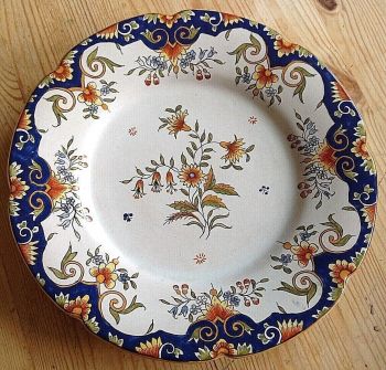 Antique painted French plate Desvres polychrome flowers 19th century signed