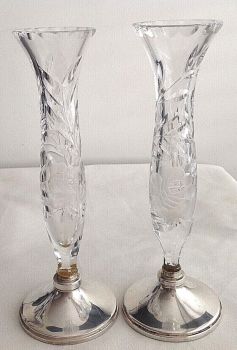 Vintage Sterling silver Crystal glass bud vase pair hallmark 1981 Broadway & Co