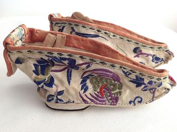 Antique Chinese embroidered bound lotus feet foot shoes white silk butterflies