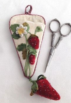 Antique sewing scissors velvet case strawberry emery pin cushion