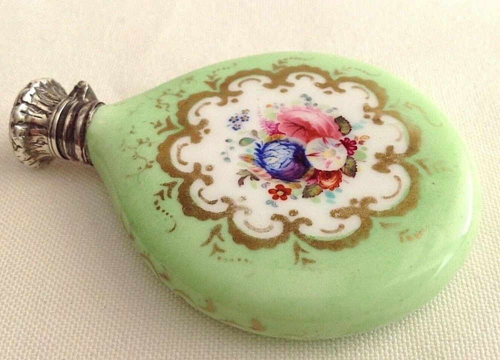 Antique Jade Glass Sterling Silver Perfume Scent Bottle 
