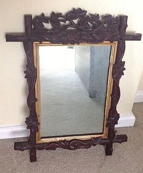 Antique Black Forest carved wood wooden mirror ivy leaves entwined around bark