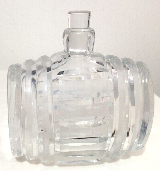 Antique early Victorian or Georgian cut glass decanter in the shape of a barrel