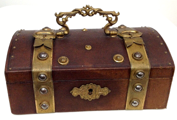Antique Victorian jewelry trinket casket box with metal buckle mounts and handle