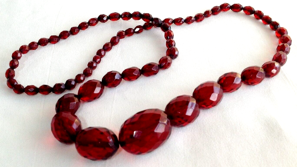 Antique graduated cherry amber faceted bead necklace hand knotted